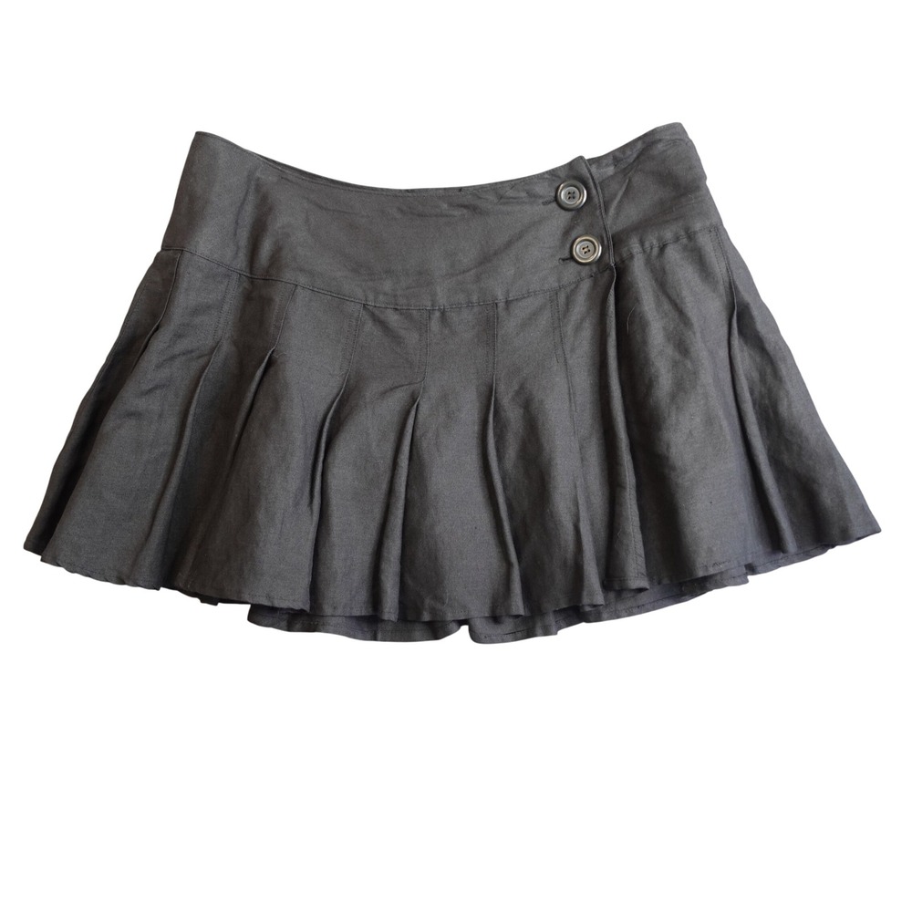 Vintage Y2K Rave Pleated Micro Mini Skirt L Black Linen Low Rise Grunge Indie